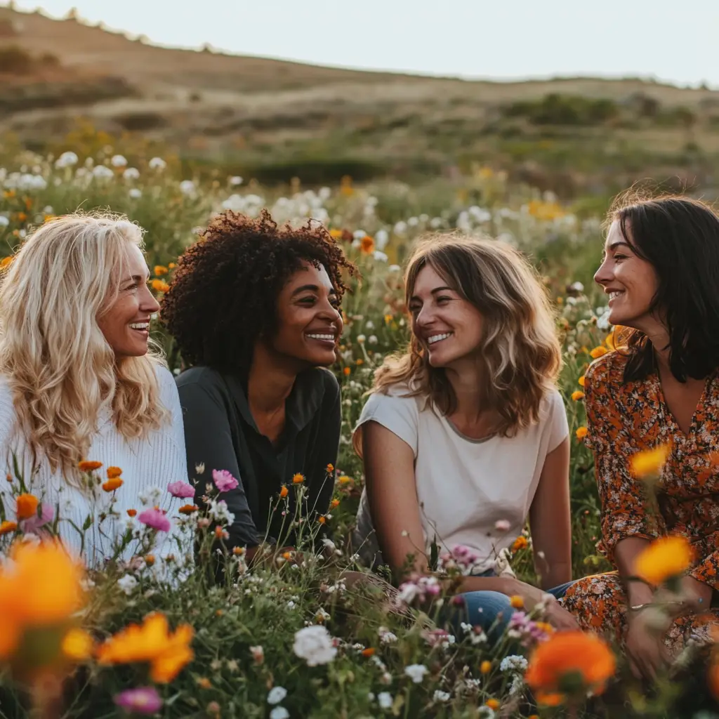 Group of women sitting in nature among flowers.